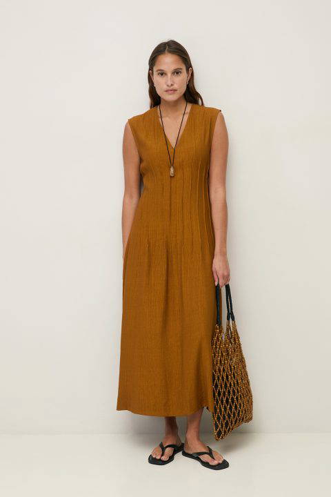 Crinkled Effect Mustard Dress