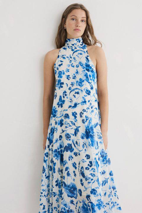 Blue Flowers Print Halter Neck Dress