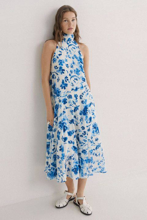 Blue Flowers Print Halter Neck Dress
