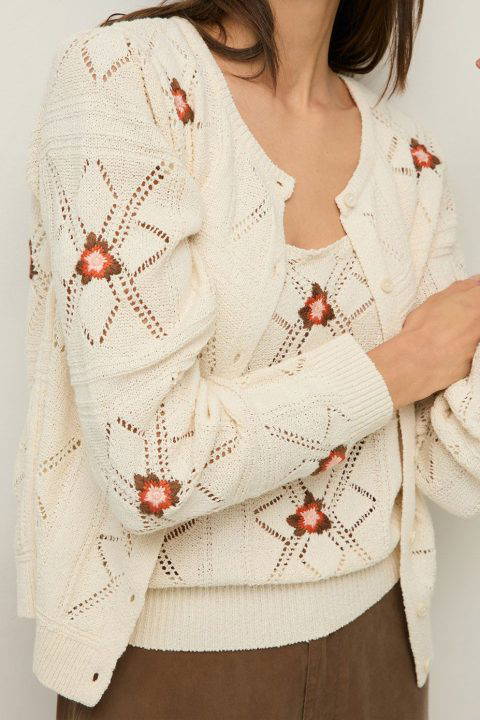 Openwork Bobble Hat Ecru Knit