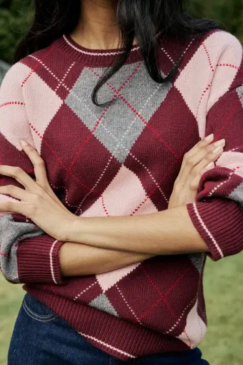 Burgundy Argyle Oversized Wool-Blend Jumper