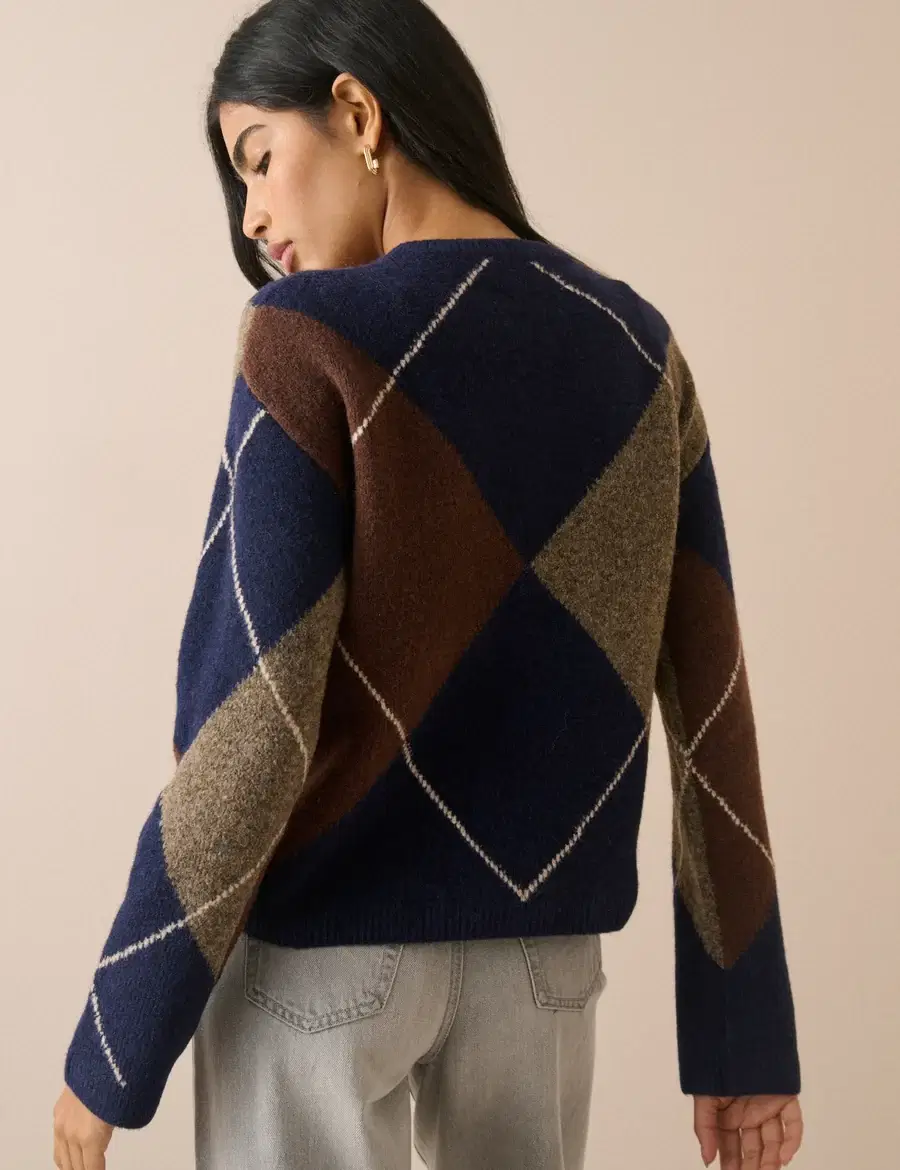 Navy Argyle Ribbed Trim Henley Jumper - Image 5