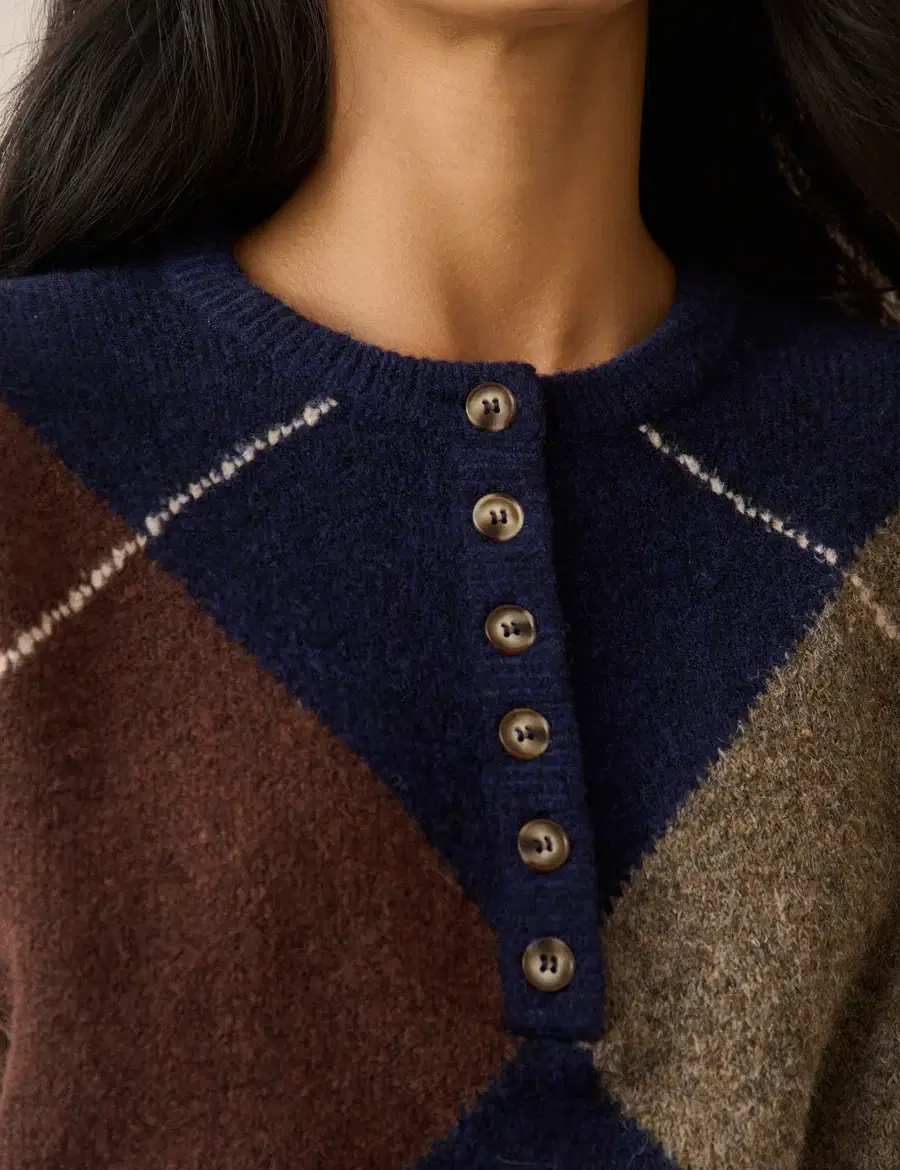 Navy Argyle Ribbed Trim Henley Jumper - Image 4