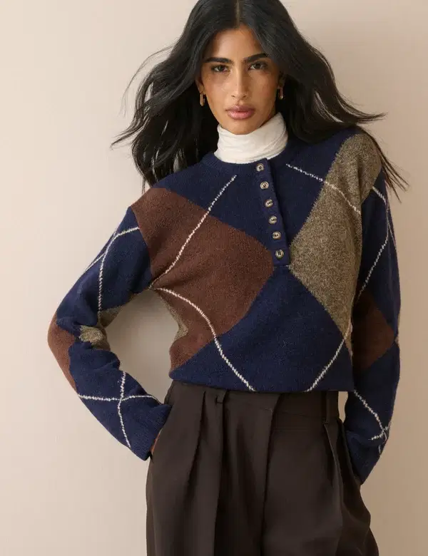 Navy Argyle Ribbed Trim Henley Jumper - Image 2
