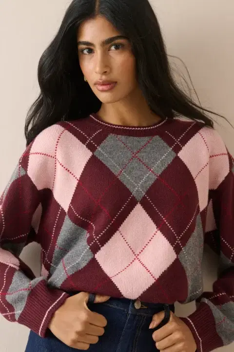 Burgundy Argyle Oversized Wool-Blend Jumper