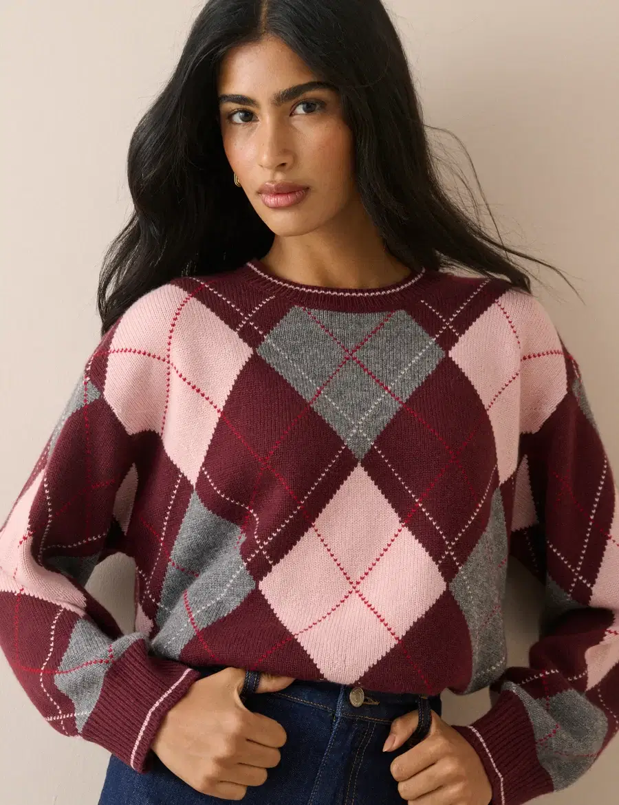 Burgundy Argyle Oversized Wool-Blend Jumper - Image 2