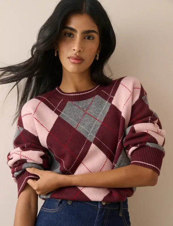 Burgundy Argyle Oversized Wool-Blend Jumper - Image 3