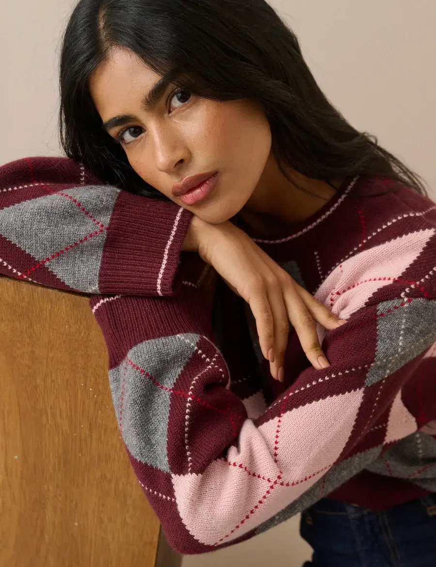 Burgundy Argyle Oversized Wool-Blend Jumper - Image 5