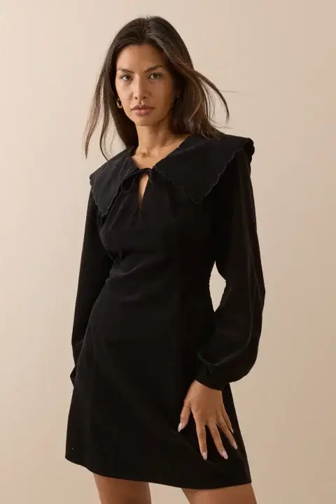 Black Oversized Collar Cord Hannah Mini Dress