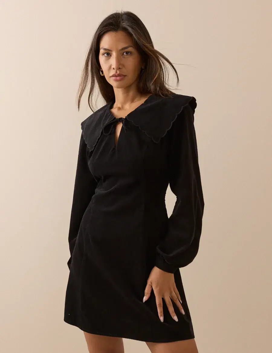 Black Oversized Collar Cord Hannah Mini Dress
