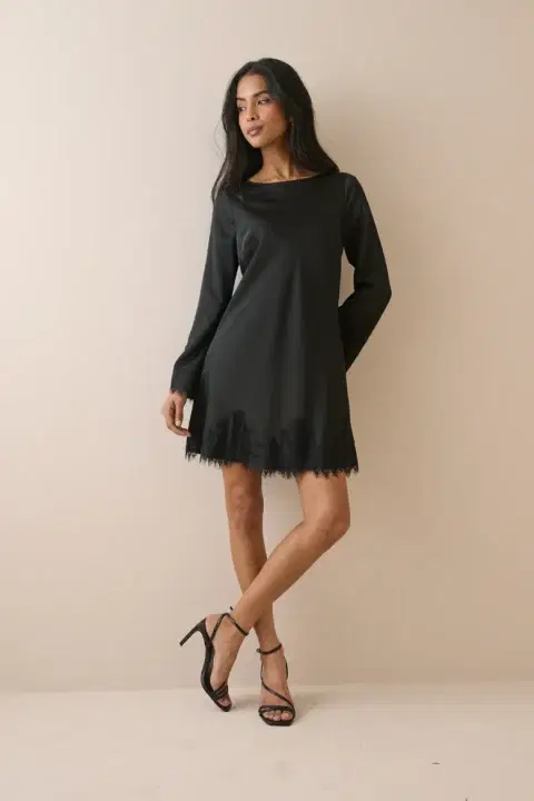 Black Lace Trim Satin Kamari Mini Dress
