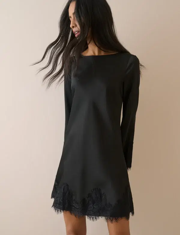 Black Lace Trim Satin Kamari Mini Dress - Image 3