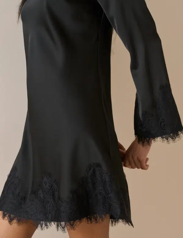 Black Lace Trim Satin Kamari Mini Dress - Image 4