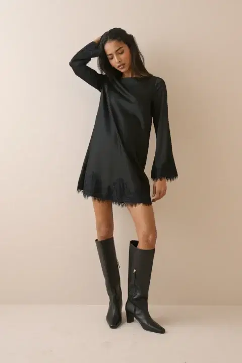 Black Lace Trim Satin Kamari Mini Dress