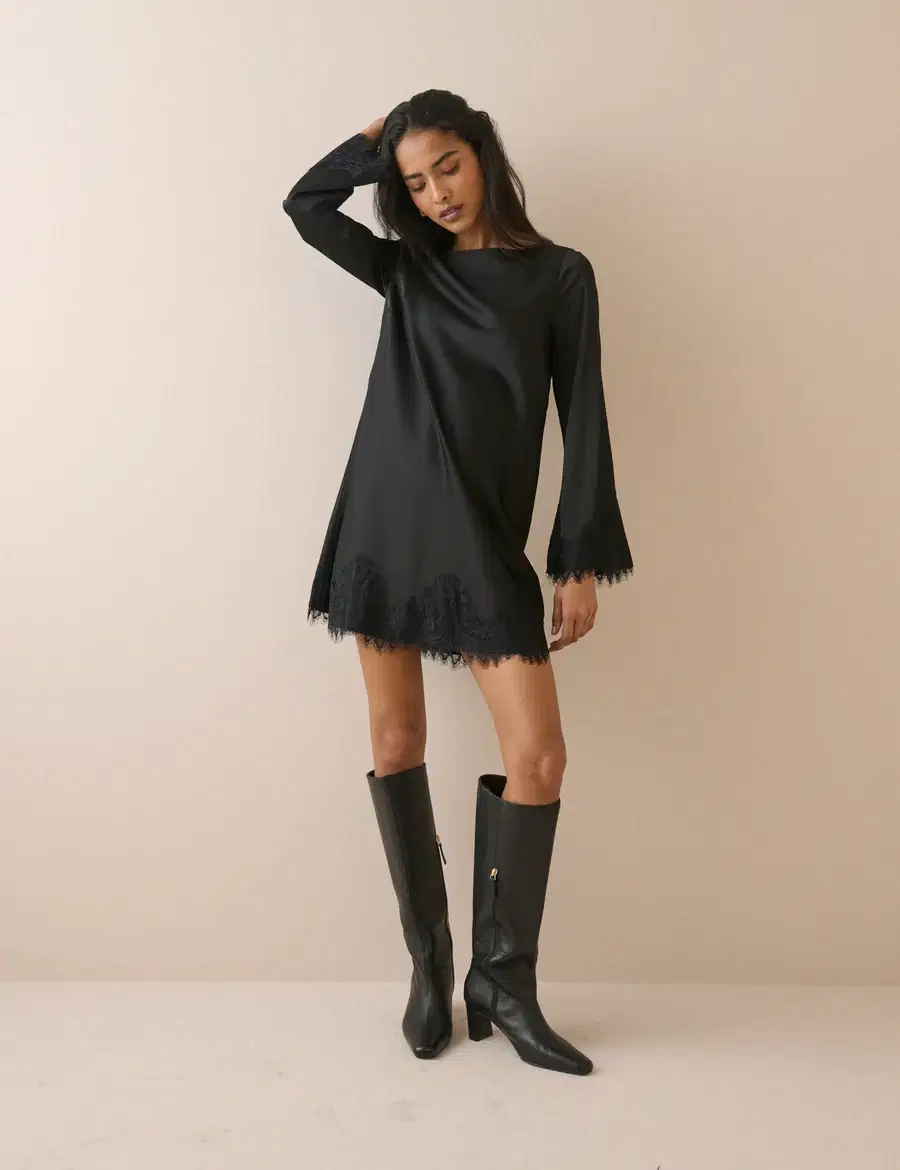 Black Lace Trim Satin Kamari Mini Dress - Image 2