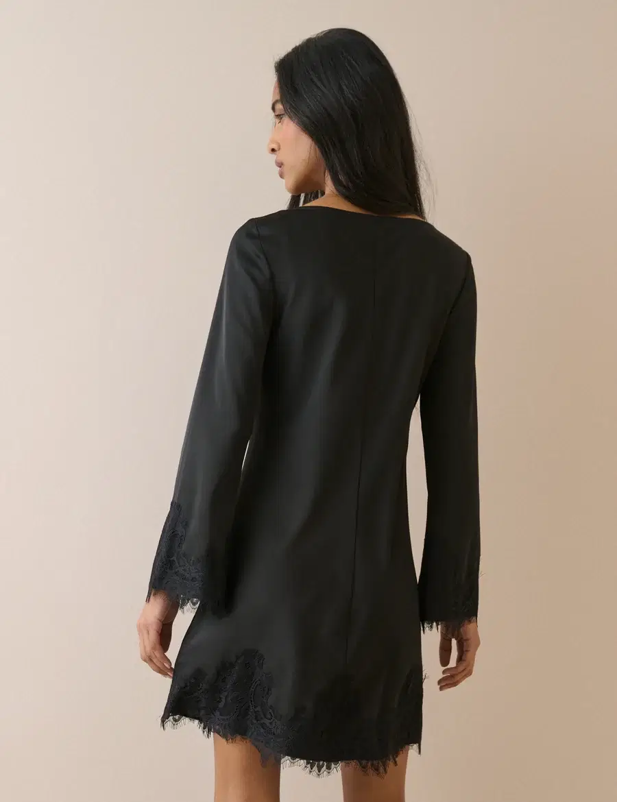 Black Lace Trim Satin Kamari Mini Dress - Image 5