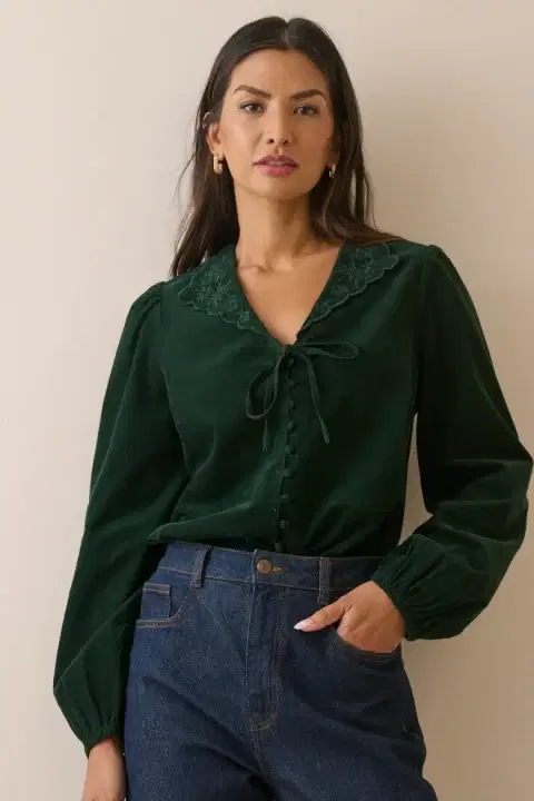 Forest Green Floral Embroidered Collar Cord Blouse