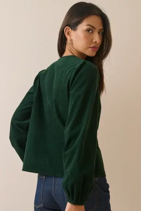 Forest Green Floral Embroidered Collar Cord Blouse
