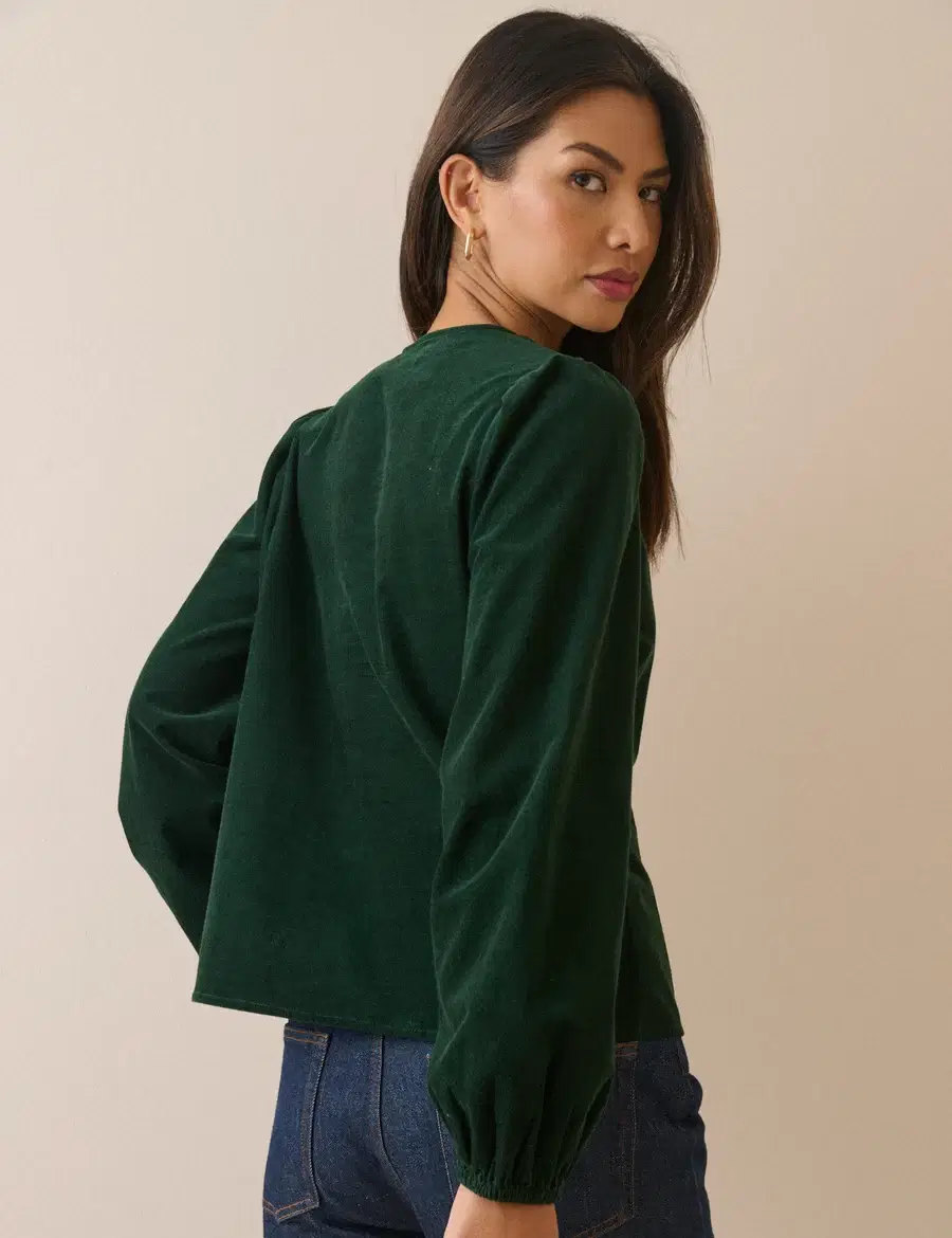 Forest Green Floral Embroidered Collar Cord Blouse - Image 2