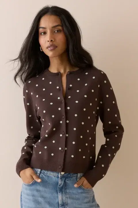 Brown Polka Dot Jacquard Cardigan With Neck Tie