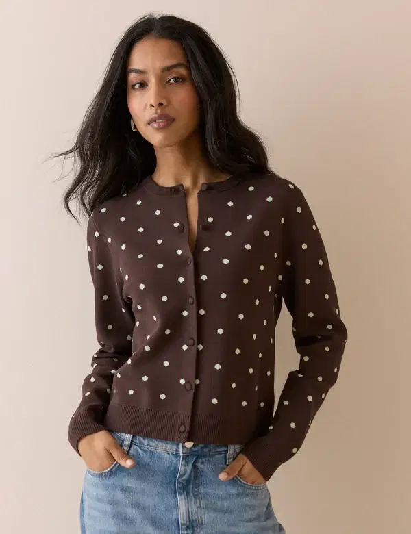 Brown Polka Dot Jacquard Cardigan With Neck Tie - Image 2