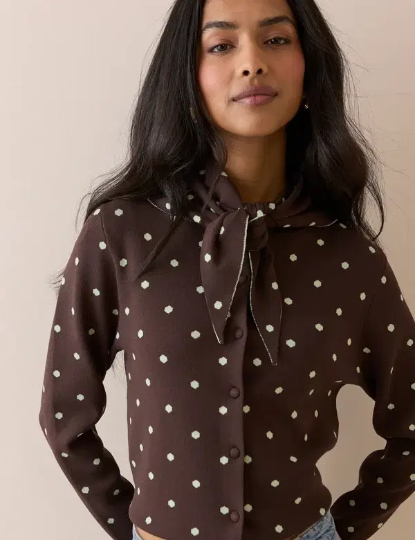 Brown Polka Dot Jacquard Cardigan With Neck Tie