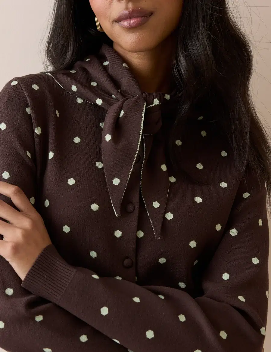 Brown Polka Dot Jacquard Cardigan With Neck Tie - Image 3