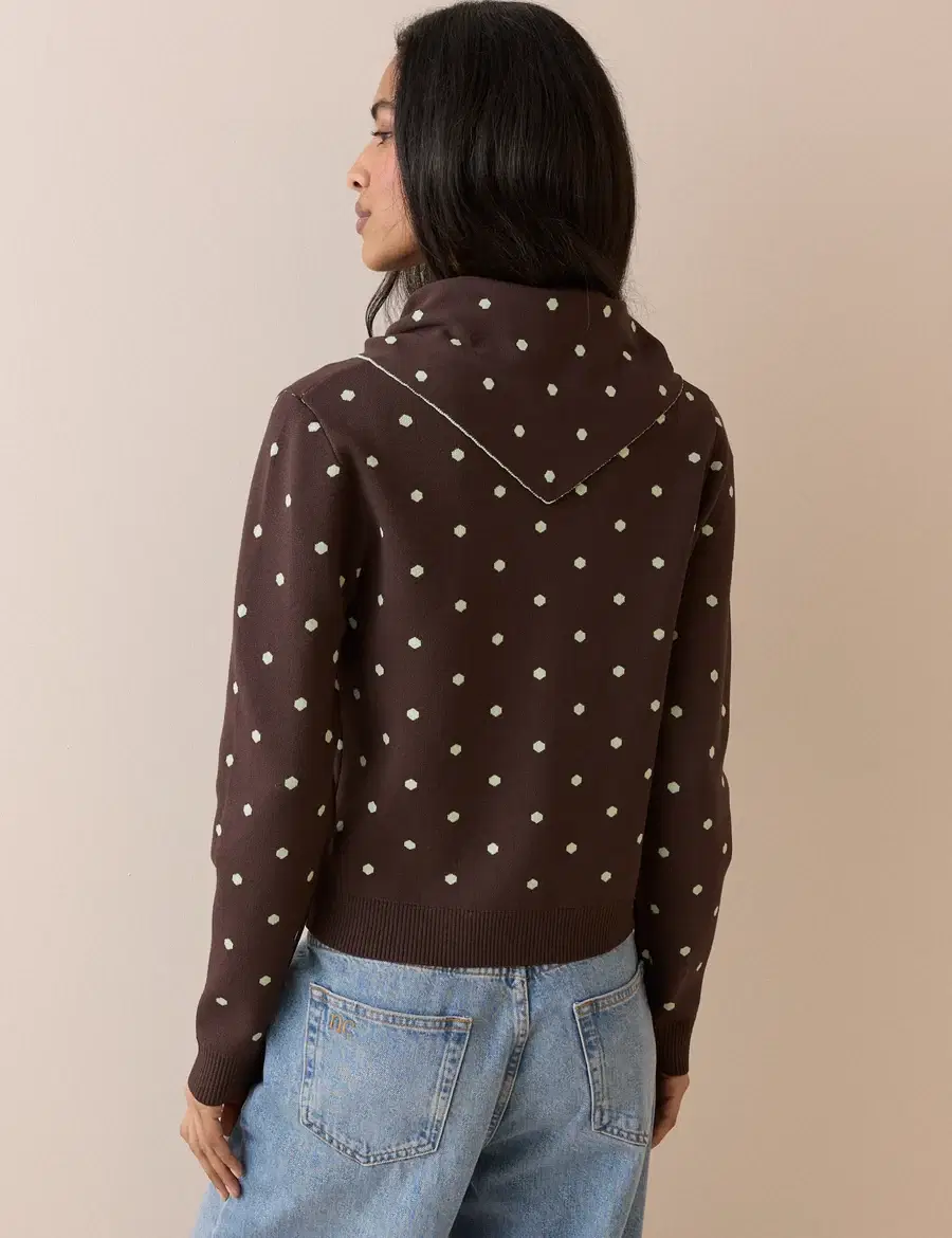 Brown Polka Dot Jacquard Cardigan With Neck Tie - Image 4