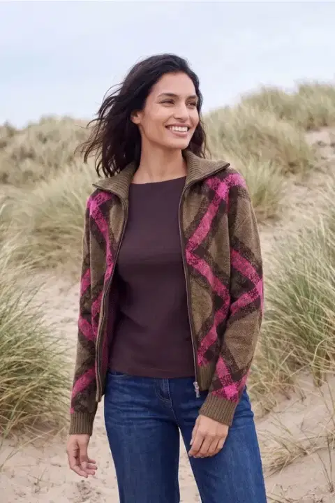 Cecil Pink Feather Yarn Check Cardigan