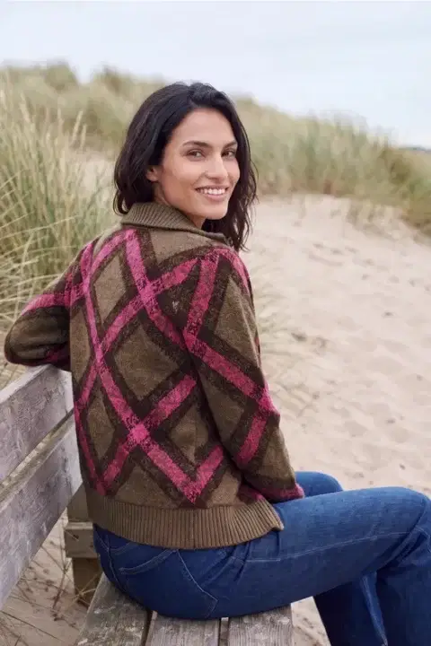 Cecil Pink Feather Yarn Check Cardigan