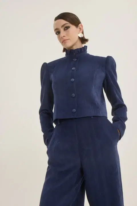 Ruffled Neck Classic Navy Blue Jacket