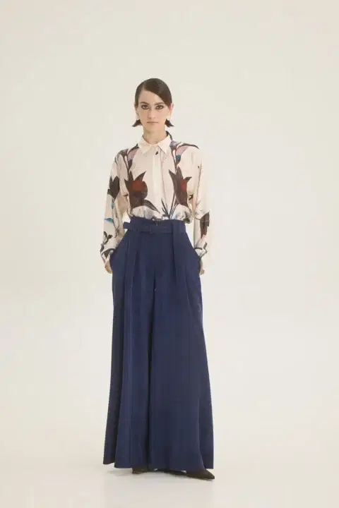 Wide Leg Navy Blue Trousers With Belt