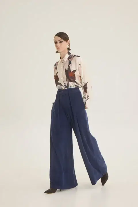 Wide Leg Navy Blue Trousers With Belt