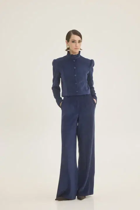 Ruffled Neck Classic Navy Blue Jacket