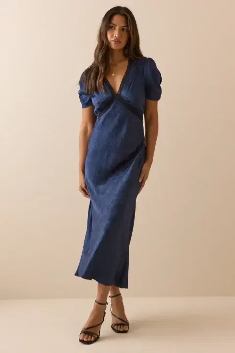 Navy Jacquard Floral Satin Nicolette Midi Dress