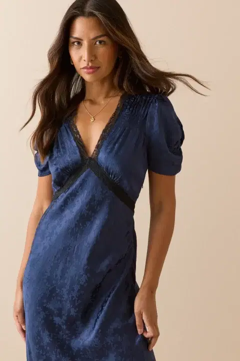 Navy Jacquard Floral Satin Nicolette Midi Dress